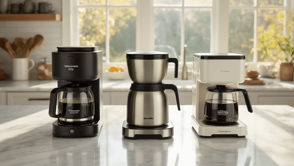 The Ultimate Guide to Choosing the Perfect Drip Coffee Maker in 2024 Cinematic overhead shot of a modern kitchen island featuring Technivorm Moccamaster, Breville Precision Brewer, and Cuisinart PerfecTemp coffee makers on a Carrara marble countertop, adorned with coffee beans, measuring tools, mugs, a thermometer, and glass carafes, illuminated by golden hour sunlight.