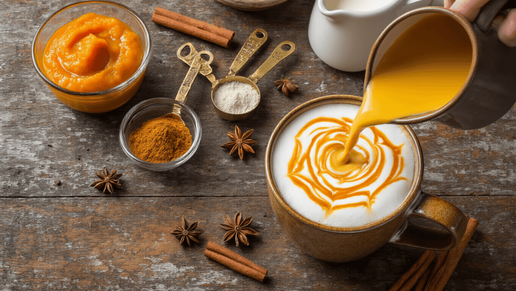 Homemade Pumpkin Spice Latte: Your Ultimate Fall Comfort Drink Cinematic overhead shot of a homemade pumpkin spice latte on a rustic wooden counter, featuring a ceramic mug with spiraling pumpkin spiced milk and dark espresso, surrounded by pumpkin purée, measuring spoons of spices, a frothy milk pitcher, and scattered whole spices, with warm autumn sunlight creating dramatic shadows and a cozy atmosphere.