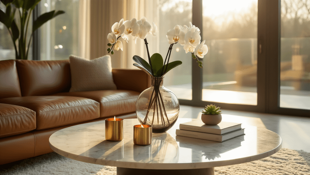 Styling a Round Coffee Table: The Ultimate Guide to Creating a Stunning Centerpiece Elegantly styled round marble coffee table with a sculptural glass vase of white orchids, stacked art books, brass candle holders, and a small succulent, in a sun-drenched modern living room with warm golden hour lighting and inviting cozy atmosphere.
