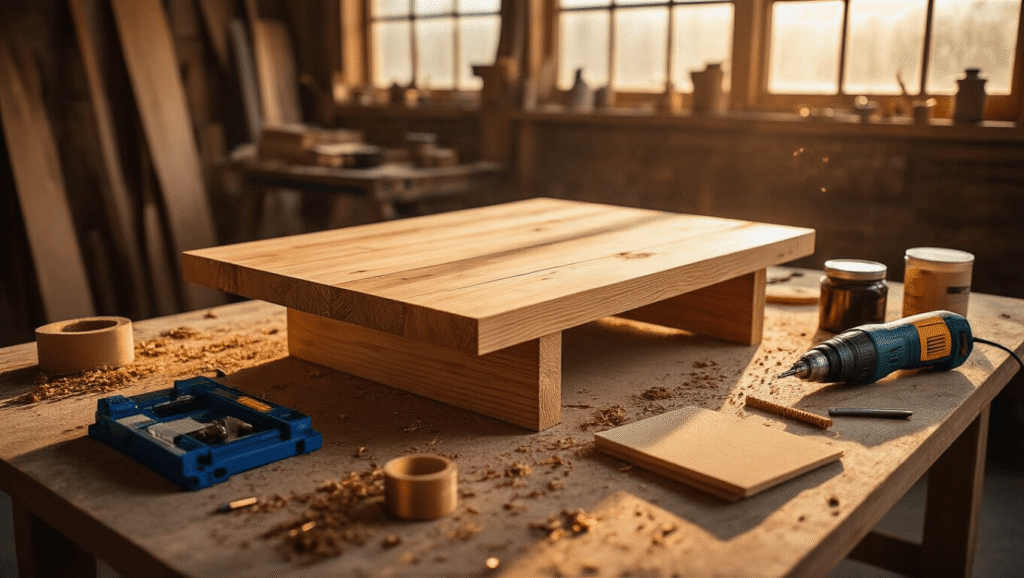 DIY Coffee Table: Your Ultimate Guide to Creating a Stunning Centerpiece Cinematic wide-angle shot of a rustic workshop during golden hour, featuring a half-constructed wooden coffee table with rich pine boards, surrounded by woodworking tools and warm natural light, highlighting textures and craftsmanship.