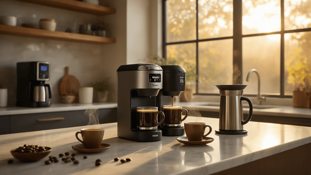 The Ultimate Guide to Single Serve Coffee Makers: Brew Your Perfect Cup Every Time A cinematic wide-angle shot of a modern kitchen counter showcasing three premium single-serve coffee makers: a Keurig K-Café Smart, a matte black Ninja Specialty, and a silver Aeropress, alongside elegant ceramic cups of freshly brewed coffee, scattered coffee beans, and colorful coffee accessories, all illuminated by warm golden hour sunlight.