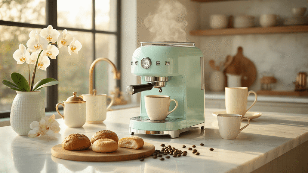 Smeg Coffee Maker Review: Is This Retro Stunner Worth the Splurge? Cinematic shot of a pastel mint Smeg coffee maker on white marble countertops, surrounded by vintage brass accessories, orchids, cream mugs with steam, and artisanal pastries, illuminated by golden hour sunlight with soft bokeh in the background.