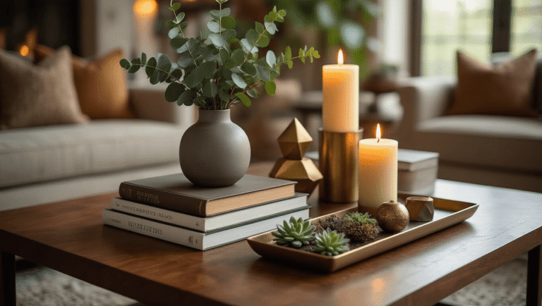 Coffee Table Decor: Transform Your Living Space with Style and Personality A beautifully styled coffee table centerpiece with layered books, decorative tray, flickering candles, fresh eucalyptus in a ceramic vase, and natural elements on a walnut surface, captured in warm ambient light with shallow depth of field.