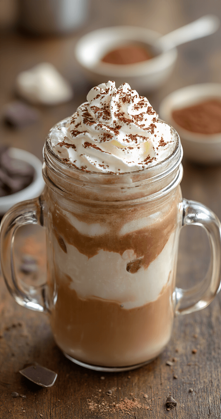 Iced Mocha Latte: Your Ultimate Refreshing Coffee Escape Overhead view of a tall mason jar filled with ice, a chocolate-coffee mixture, creamy milk swirls, topped with whipped cream and cocoa powder, on a rustic wooden table with scattered ingredients and a spoon, featuring condensation on the glass.