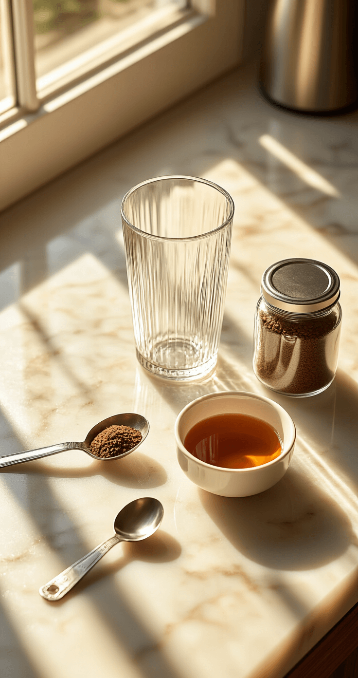 Easy Instant Iced Coffee: Your Ultimate 1-Minute Caffeine Fix Cinematic overhead view of a bright kitchen counter featuring a tall glass, polished spoon, measuring spoons, jar of instant coffee, and a bowl of steaming water, all illuminated by warm morning light and soft shadows.