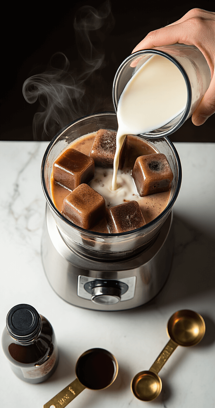 Frozen Coffee Frappe: Your Ultimate Summer Cool-Down Drink Cinematic overhead shot of a stainless steel blender with dark espresso ice cubes, cold milk being poured with steam rising, dramatic kitchen lighting highlighting ingredients like chocolate syrup bottles and measuring spoons on a marble countertop.