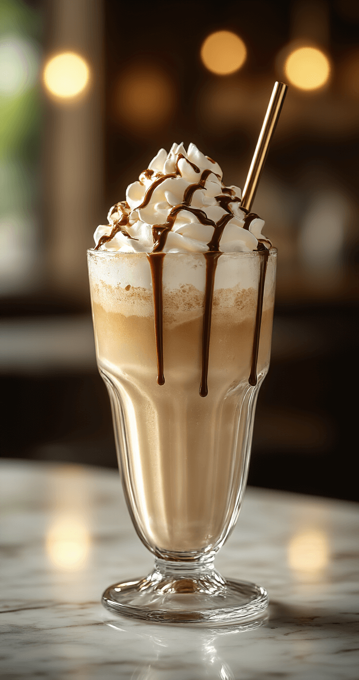 Frozen Coffee Frappe: Your Ultimate Summer Cool-Down Drink Luxurious tall crystal glass filled with creamy coffee frappe, layered with rich coffee tones, topped with whipped cream and chocolate drizzle, condensation droplets on glass, metallic straw catching sunlight, on a marble surface with a soft bokeh background.