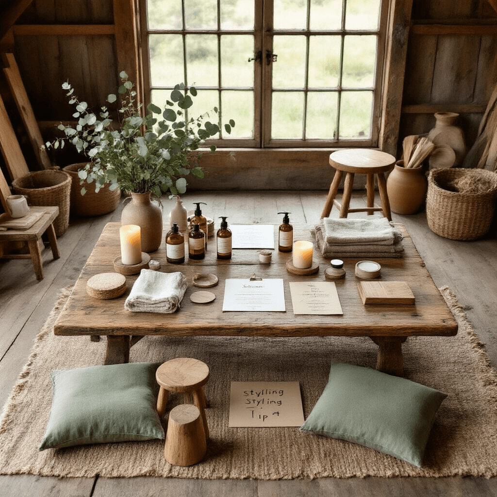 The Ultimate Guide to Choosing the Perfect Wooden Coffee Table for Your Home An overhead flat lay of a cozy home styling workshop in a rustic barn, featuring a reclaimed oak coffee table surrounded by vintage stools and sage green floor cushions, adorned with wood care supplies, candles, eucalyptus branches, and handwritten styling tips, illuminated by soft morning light.