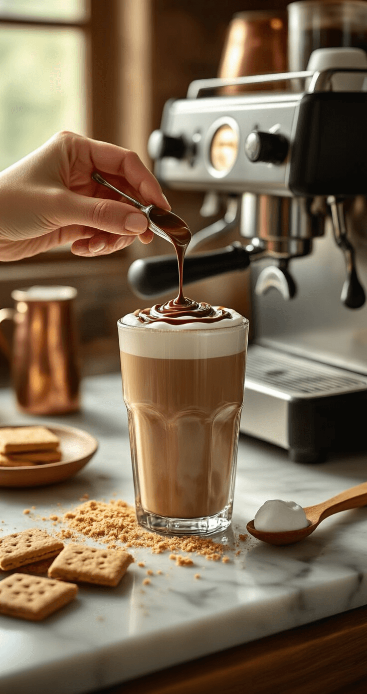 S'mores Iced Latte: A Campfire-Inspired Liquid Dessert Cinematic close-up of hands swirling chocolate syrup on a tall glass rim, with graham cracker crumbs on a marble countertop and warm kitchen lighting, a culinary torch and espresso machine in the background, and a rustic spoon dripping marshmallow fluff.