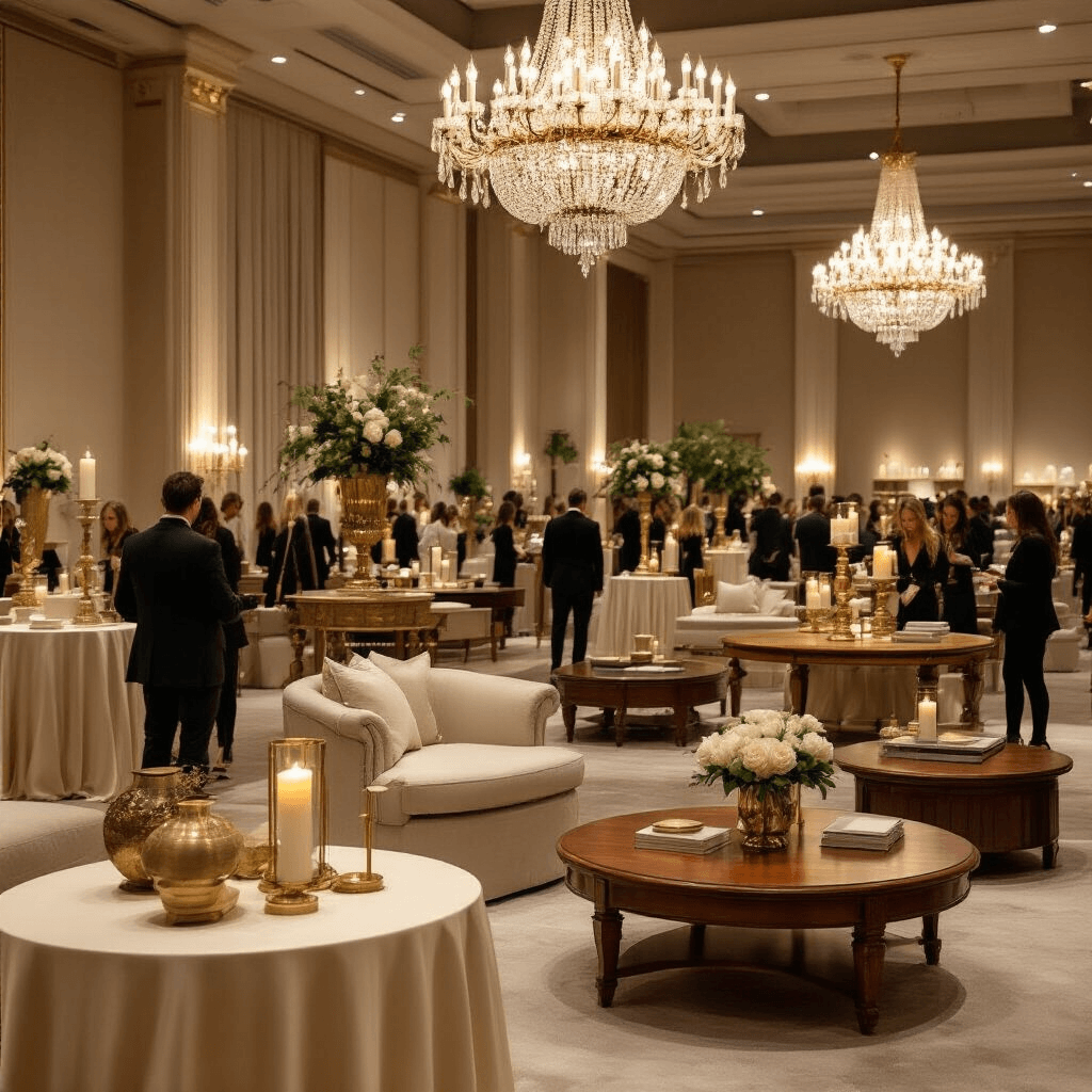 The Ultimate Guide to Choosing the Perfect Wooden Coffee Table for Your Home A cinematic view of an upscale furniture showroom event in a candlelit ballroom, featuring round tables with ivory silk linens showcasing various wooden coffee tables. Guests in elegant attire examine the furniture while servers offer champagne, all illuminated by crystal chandeliers and pillar candles. The atmosphere is luxurious with a rich color palette of gold and wood tones.