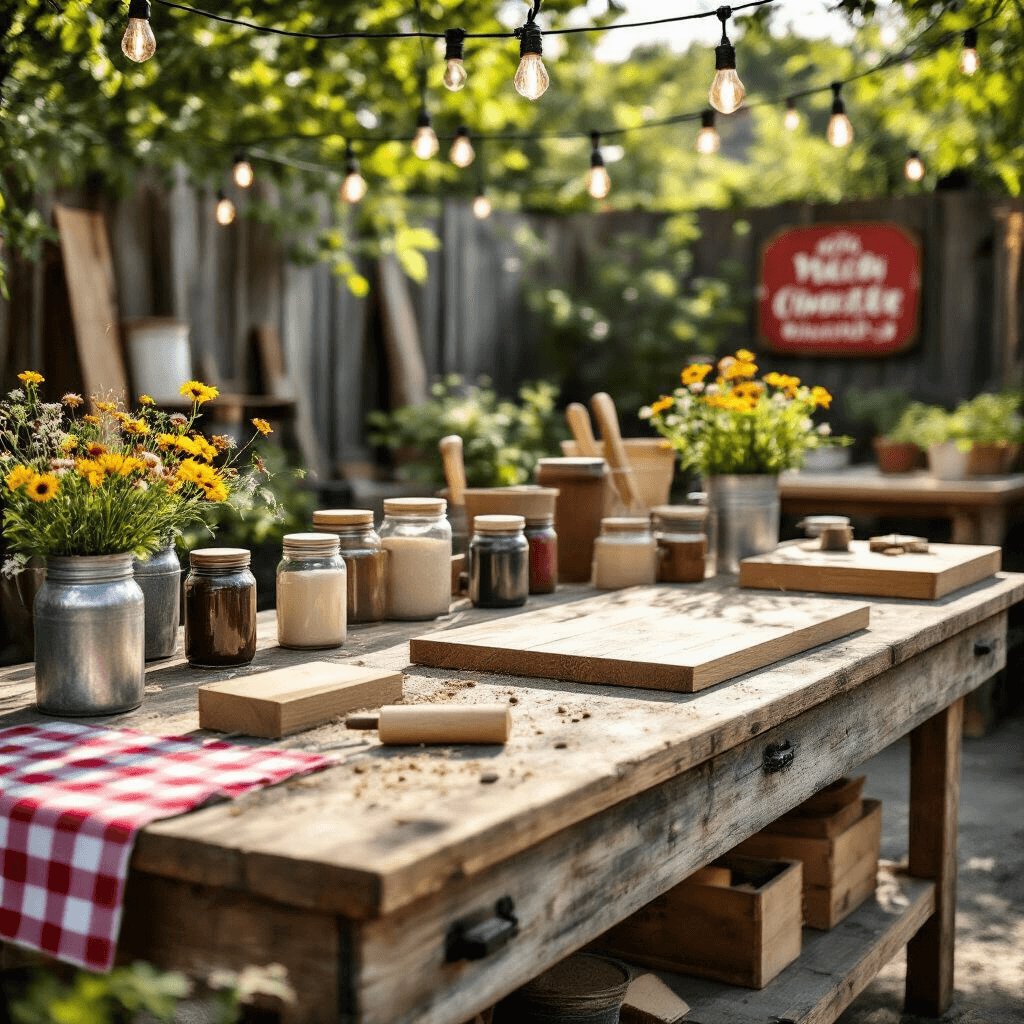 The Ultimate Guide to Choosing the Perfect Wooden Coffee Table for Your Home A close-up view of a DIY wooden coffee table workshop in a charming backyard garden, featuring a weathered workbench with tools and wood projects, surrounded by wildflowers in mason jars and vintage signs, all illuminated by midday sunlight through string lights.