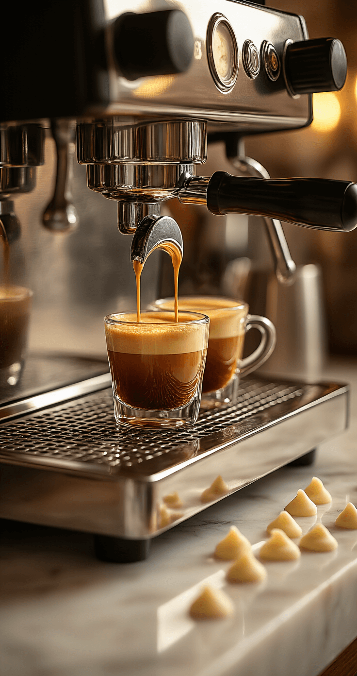 White Chocolate Mocha - Your Instant Cafe Escape Close-up of golden espresso shots extracting from a chrome machine, rich crema on top, steam rising, with warm lighting and white chocolate chips on a marble countertop.