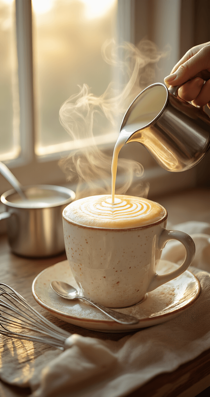 White Chocolate Mocha - Your Instant Cafe Escape A ceramic mug filled with espresso and white chocolate syrup, topped with perfectly frothed milk creating intricate latte art swirls, surrounded by warm morning light and steam, with a whisk and small saucepan in the background.