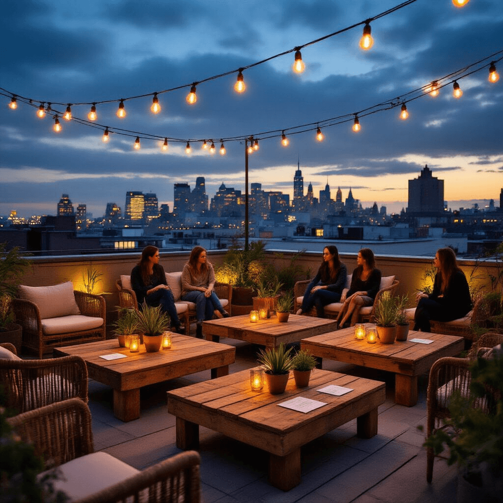 The Ultimate Guide to Choosing the Perfect Wooden Coffee Table for Your Home A moody rooftop terrace showcasing sustainable furniture, featuring reclaimed wood coffee tables with eco-friendly finishes and potted air plants, illuminated by warm Edison bulb string lights. Guests sit on recycled plastic wicker chairs with organic cotton cushions, surrounded by twinkling urban skyline and soft LED uplighting.