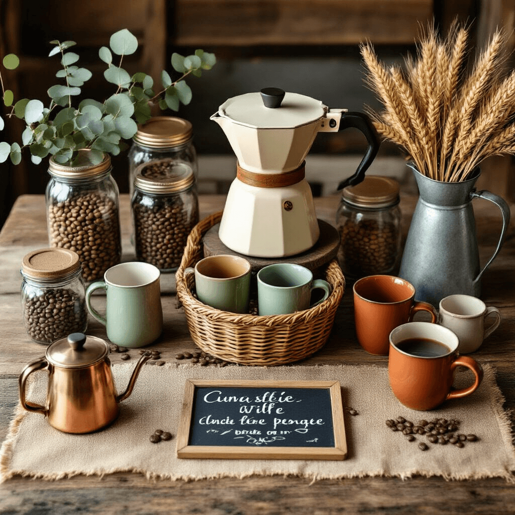 Creating the Perfect Coffee Bar Design: A Comprehensive Guide Cinematic overhead view of a cozy farmhouse coffee station with a vintage cream coffee maker, mason jars of colorful coffee beans, a wicker basket of ceramic mugs, eucalyptus sprigs, a burlap runner, and warm golden hour lighting, creating a rustic country kitchen atmosphere.