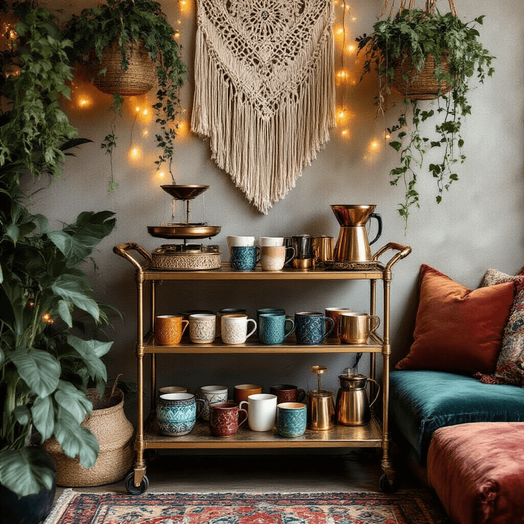 Creating the Perfect Coffee Bar Design: A Comprehensive Guide Close-up view of a stylish boho eclectic coffee bar in a modern apartment, featuring a brass cart adorned with vintage jewel-toned mugs and coffee accessories, surrounded by macrame wall hangings, hanging plants, warm string lights, and a layered Persian rug, all accentuated by a rich color palette of terracotta, deep blues, and golds.