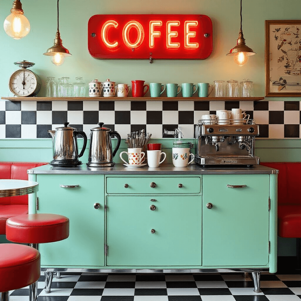 Creating the Perfect Coffee Bar Design: A Comprehensive Guide Wide-angle photograph of a retro coffee bar featuring a mint green sideboard, chrome accents, vintage percolator, atomic pattern ceramic mugs, checkerboard tiles, neon sign, red vinyl stools, geometric wallpaper, and brass pendant lights, creating a playful yet sophisticated atmosphere.