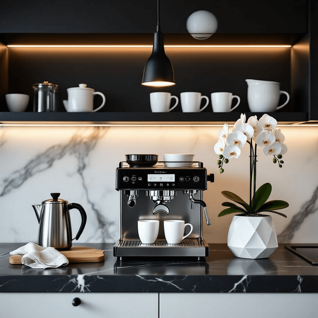 Creating the Perfect Coffee Bar Design: A Comprehensive Guide Intimate monochrome coffee station in a luxury apartment kitchen, featuring black marble countertops, stainless steel espresso machine, minimalist white mugs on black shelves, dramatic pendant light, silver coffee accessories, fresh orchids, and subtle textures, all in a clean black, white, and silver palette with wooden accents.