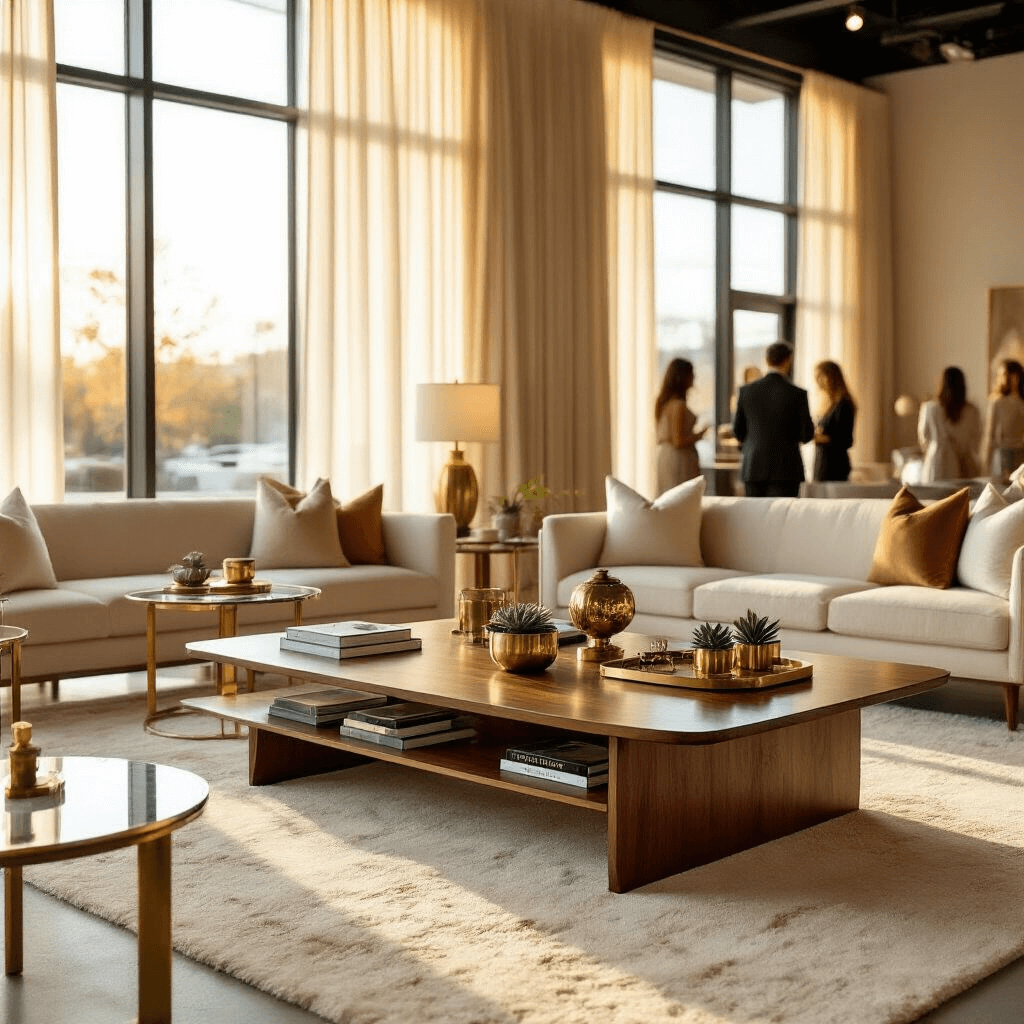 The Ultimate Guide to Coffee Table Design: Transforming Your Living Space Wide-angle view of an elegant indoor living room showcase event during golden hour, featuring a mid-century modern coffee table, plush cream rugs, and warm sunlight through floor-to-ceiling windows, with guests mingling around curated furniture displays in a warm color palette.