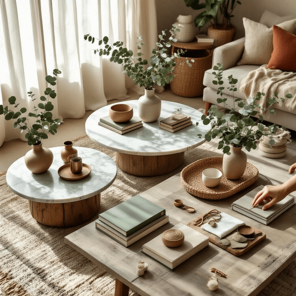 The Ultimate Guide to Coffee Table Design: Transforming Your Living Space Overhead flat lay of a cozy coffee table styling workshop, featuring various table shapes and layered decor elements, illuminated by soft morning light streaming through sheer curtains.