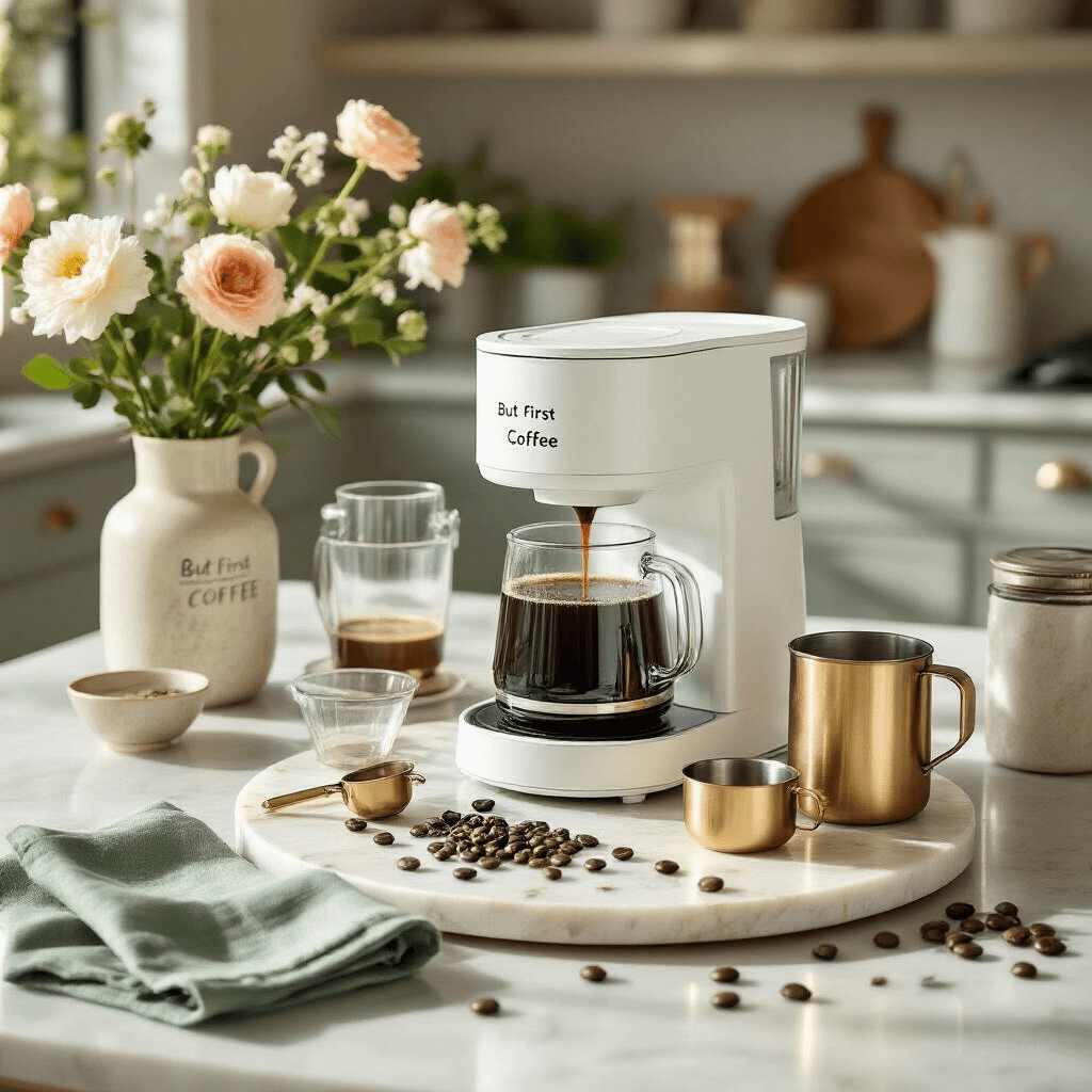 Drew Barrymore Beautiful Coffee Maker: A Stylish Brew Companion for Modern Kitchens Overhead view of a stylish kitchen island coffee bar featuring a white Drew Barrymore Beautiful Coffee Maker, surrounded by accessories on a marble tray, fresh neutral-toned flowers, sage green napkins, and modern glassware, with 'But First Coffee' signage, scattered coffee beans, and brewing steam.