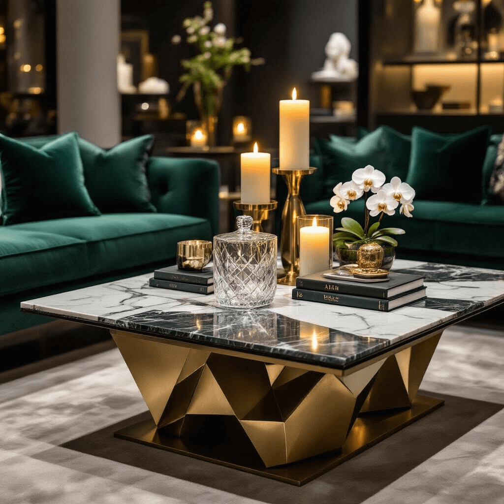 The Ultimate Guide to Coffee Table Design: Transforming Your Living Space Close-up detail of a luxurious coffee table featuring a geometric marble top and sculptural metal base, surrounded by elegant accessories and candlelight in a modern gallery space.