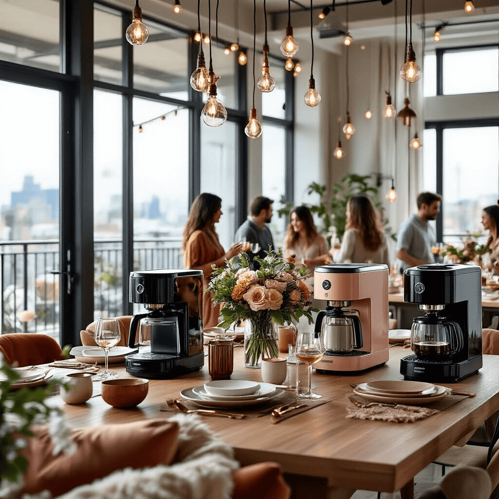 Drew Barrymore Beautiful Coffee Maker: A Stylish Brew Companion for Modern Kitchens Cinematic wide shot of a modern apartment brunch party featuring colorful coffee makers, guests mingling around a long wooden table with mixed ceramic dinnerware and floral centerpieces, floor-to-ceiling windows, and a cozy atmosphere enhanced by string lights, velvet cushions, and brass accents.