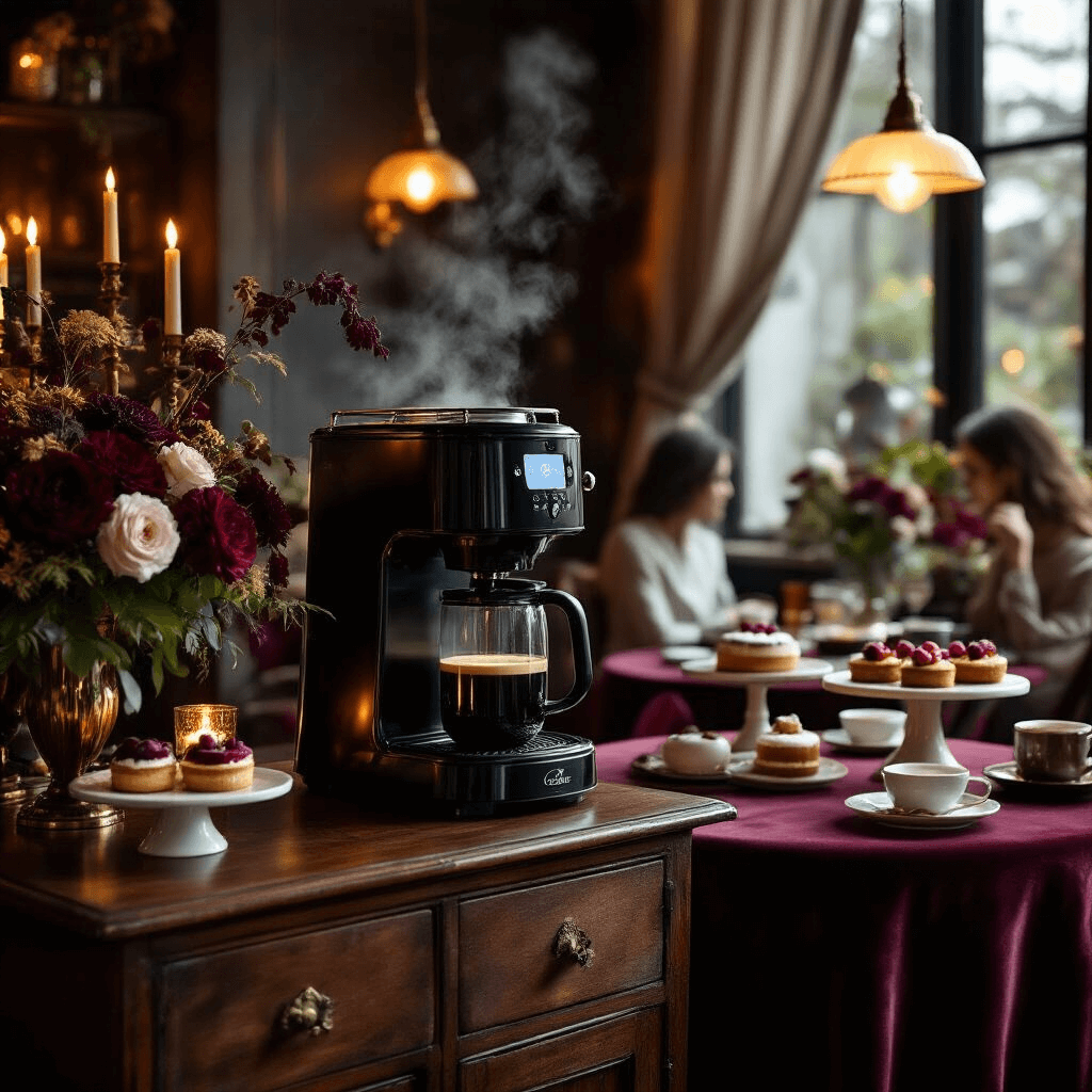 Drew Barrymore Beautiful Coffee Maker: A Stylish Brew Companion for Modern Kitchens An intimate coffee and dessert gathering in a cozy nook, featuring a black sesame coffee maker on a vintage sideboard, warm candlelight, velvet linens, artisanal desserts on marble stands, deep burgundy florals, brass candlesticks, and soft pendant lighting, with steam rising from freshly brewed coffee.