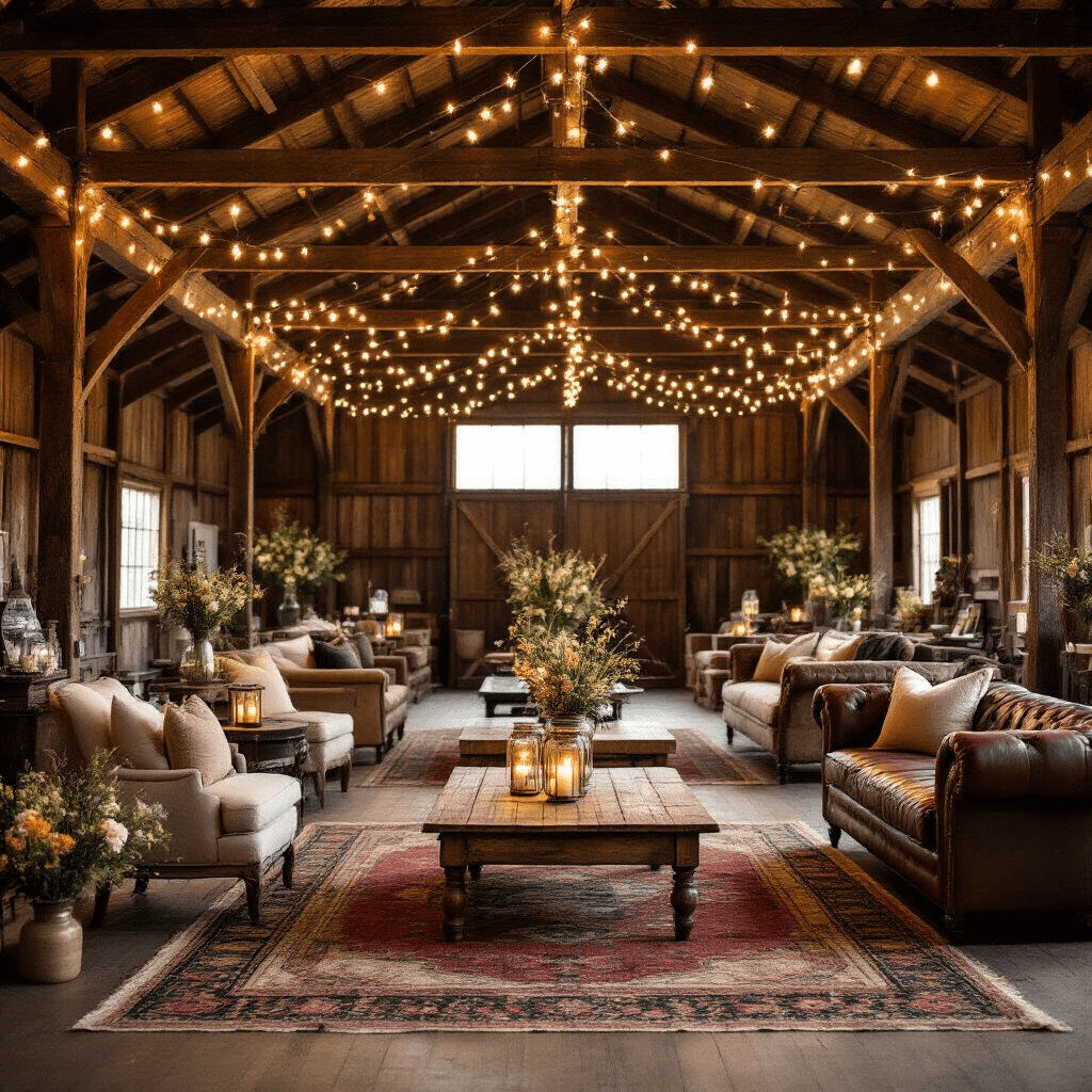 The Ultimate Guide to Coffee Table Design: Transforming Your Living Space A rustic barn venue transformed for a coffee table furniture fair, featuring various styles displayed on Persian rugs, warm string lights overhead, and cozy seating arrangements with mason jar centerpieces and burlap runners.