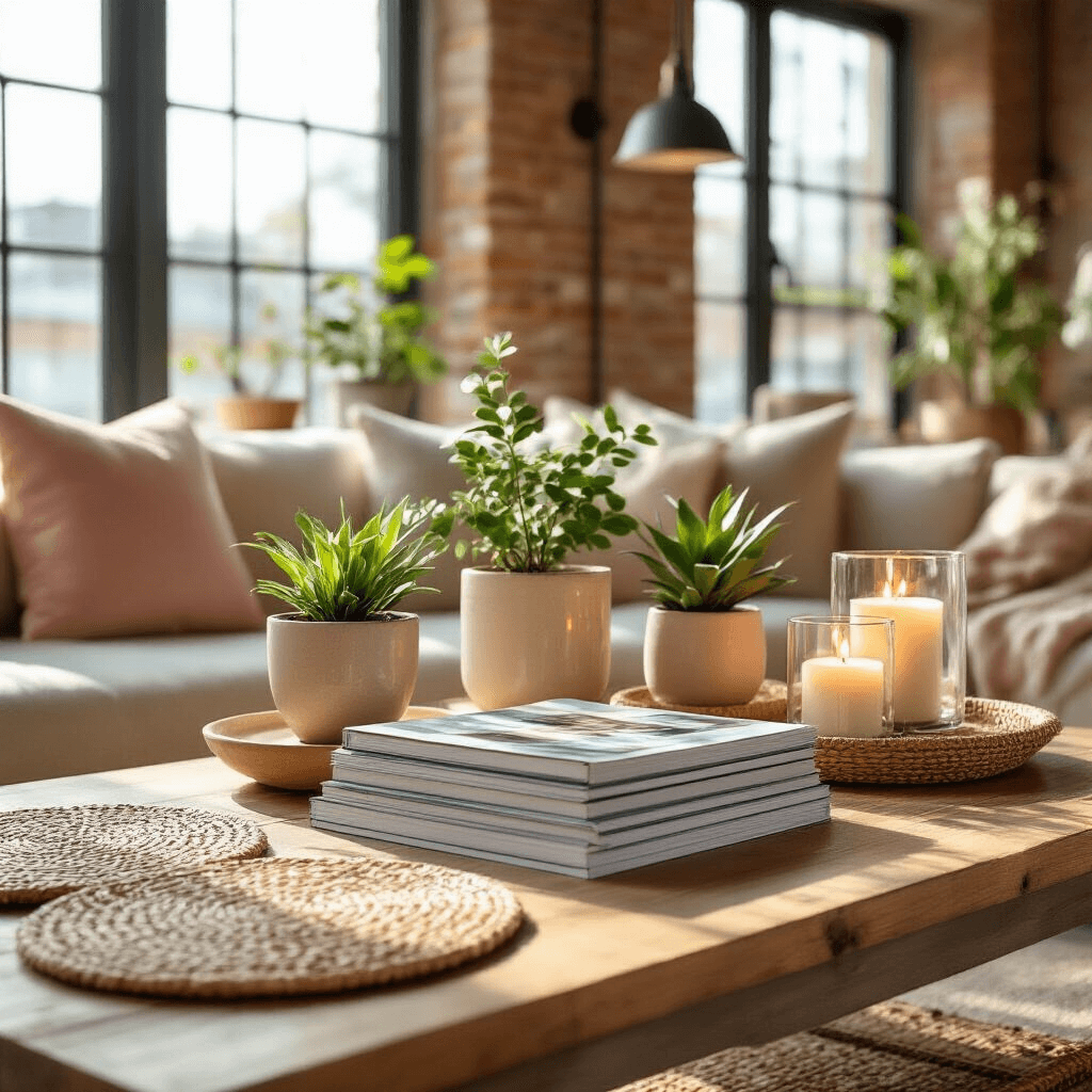 The Ultimate Guide to Coffee Table Design: Transforming Your Living Space Detail crop of a stylish apartment coffee table showcasing DIY styling with design magazines, potted plants, woven placemats, and grouped candles, illuminated by midday sunlight, against a backdrop of exposed brick walls and industrial lighting.