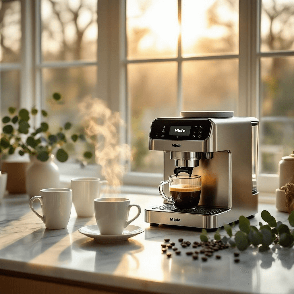 Miele Coffee Makers: The Ultimate Guide to Luxury Home Brewing and Content Creation A modern kitchen featuring a sleek Miele coffee maker, illuminated by golden hour lighting, with marble countertops, elegant white ceramic mugs, eucalyptus sprigs, and steam rising from a freshly brewed espresso cup, all captured from a cinematic angle.