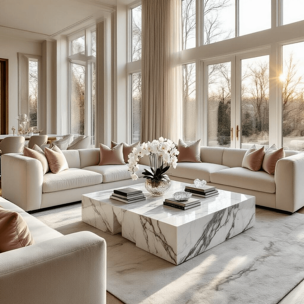 Marble Coffee Tables: The Ultimate Guide to Elegance and Durability Luxurious modern living room featuring a white marble coffee table with gray veining, plush cream velvet sofas, and silk blush pink throw pillows, illuminated by golden hour sunlight through floor-to-ceiling windows, highlighting polished hardwood floors and elegant decor.