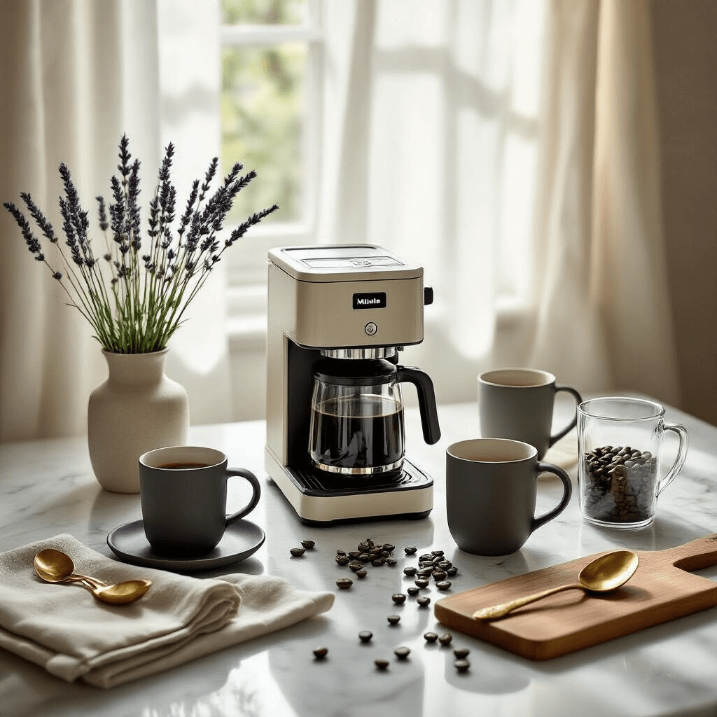 Miele Coffee Makers: The Ultimate Guide to Luxury Home Brewing and Content Creation A beautifully styled overhead flat lay of a coffee workspace featuring a Miele coffee maker, artisanal ceramic mugs, leather-bound journals, vintage brass spoons, and fresh lavender, all on polished marble with soft morning light.