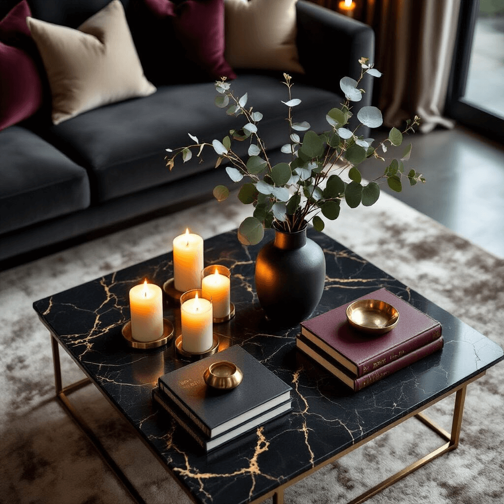 Marble Coffee Tables: The Ultimate Guide to Elegance and Durability Intimate overhead view of a cozy living room with a black marble coffee table featuring gold veining, surrounded by low-profile charcoal furniture. Soft candlelight from pillar candles casts moody shadows, highlighting a ceramic vase with eucalyptus, leather-bound books, and artfully arranged brass accents. The rich burgundy and cream color palette with velvet textures creates a luxurious yet warm atmosphere.