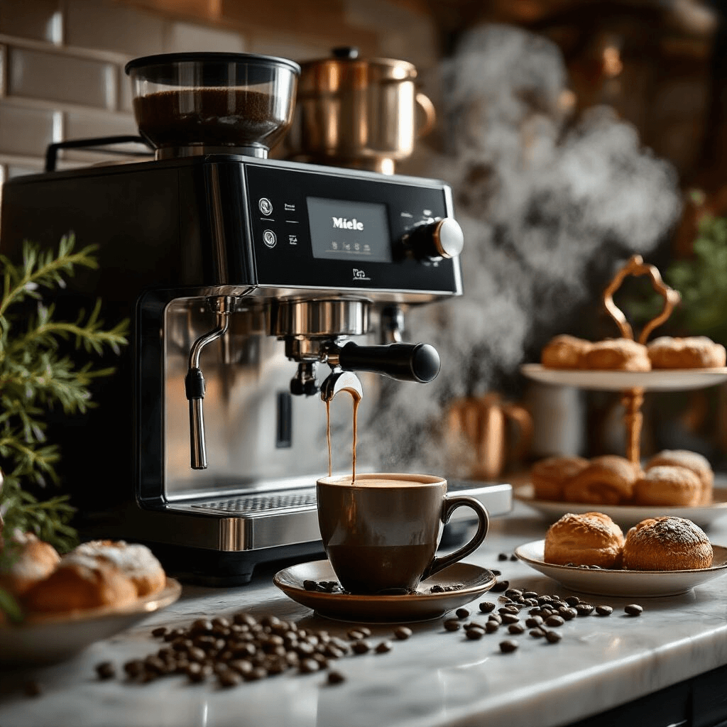 Miele Coffee Makers: The Ultimate Guide to Luxury Home Brewing and Content Creation A luxurious kitchen vignette showcasing a Miele coffee machine in action, with steam rising and rich espresso flowing into a ceramic cup on marble, surrounded by roasted coffee beans, copper accents, fresh rosemary, and pastries, illuminated by dramatic side lighting.