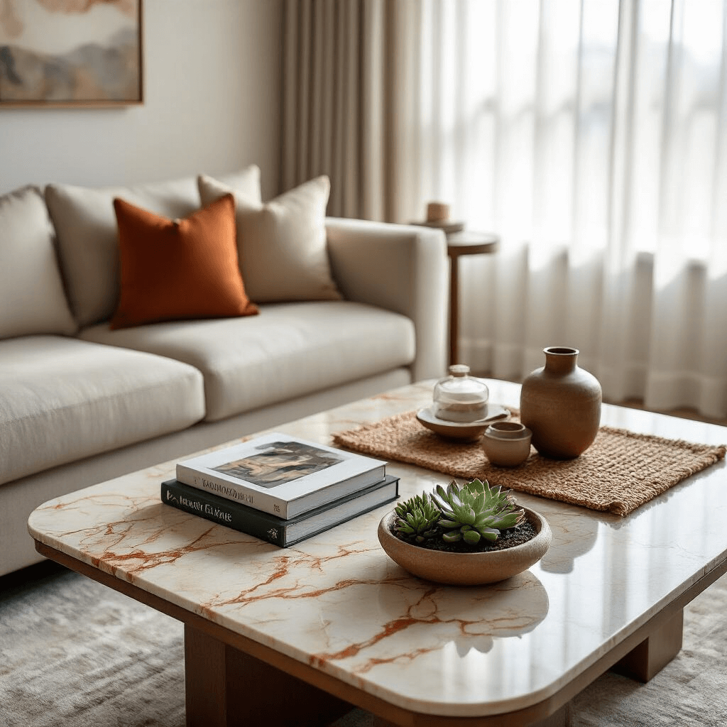 Marble Coffee Tables: The Ultimate Guide to Elegance and Durability Spacious contemporary apartment living area featuring a warm-toned marble coffee table with copper veining, adorned with curated accessories, coffee table books, a small succulent garden, and a handwoven textile runner, all bathed in soft morning light filtering through sheer white curtains.
