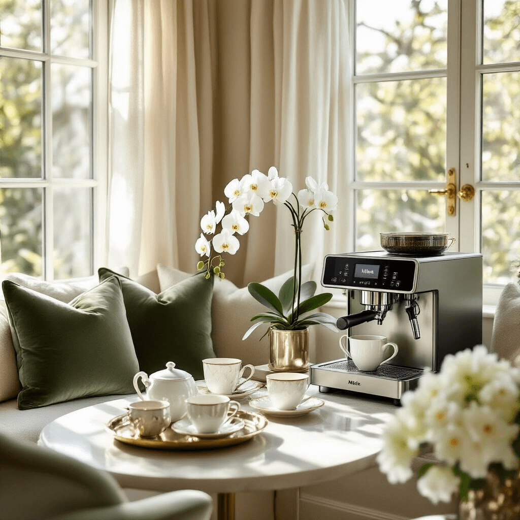 Miele Coffee Makers: The Ultimate Guide to Luxury Home Brewing and Content Creation An elegant breakfast nook with a built-in Miele coffee system, featuring floor-to-ceiling windows, plush sage green and cream cushions, vintage silver trays, bone china cups, fresh orchids, and artisanal coffee accessories, all bathed in warm natural light from sheer linen curtains.