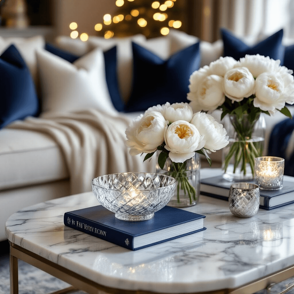 Marble Coffee Tables: The Ultimate Guide to Elegance and Durability Close-up of a stylish marble coffee table with silver veining, adorned with a crystal bowl, art books, and white peonies in a glass vase, surrounded by navy and ivory furnishings, under fairy lights, creating a cozy evening ambiance.
