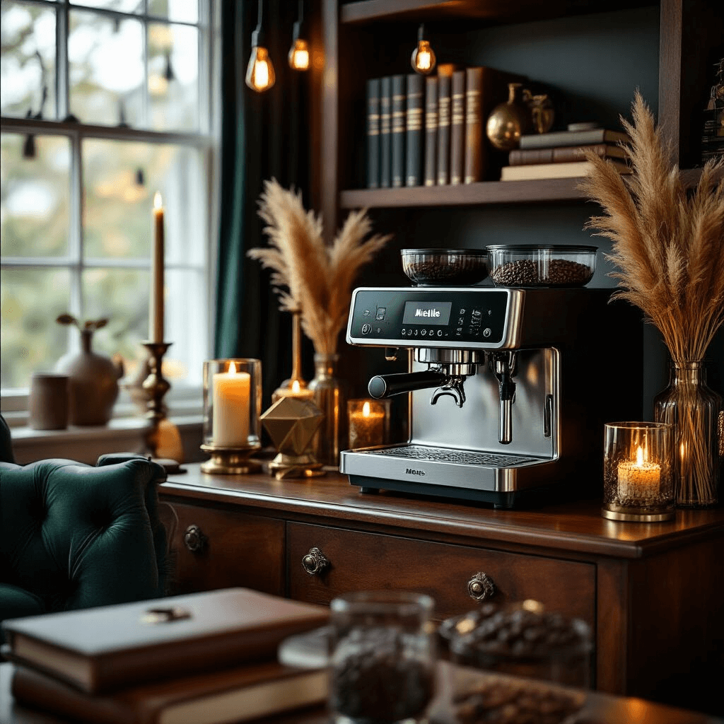 Miele Coffee Makers: The Ultimate Guide to Luxury Home Brewing and Content Creation A luxurious home office coffee station featuring a Miele coffee maker on a walnut console, surrounded by warm Edison lights, brass candle holders, leather-bound books, a vintage typewriter, and dried pampas grass, all in a moody, candlelit ambiance with deep jewel tones.