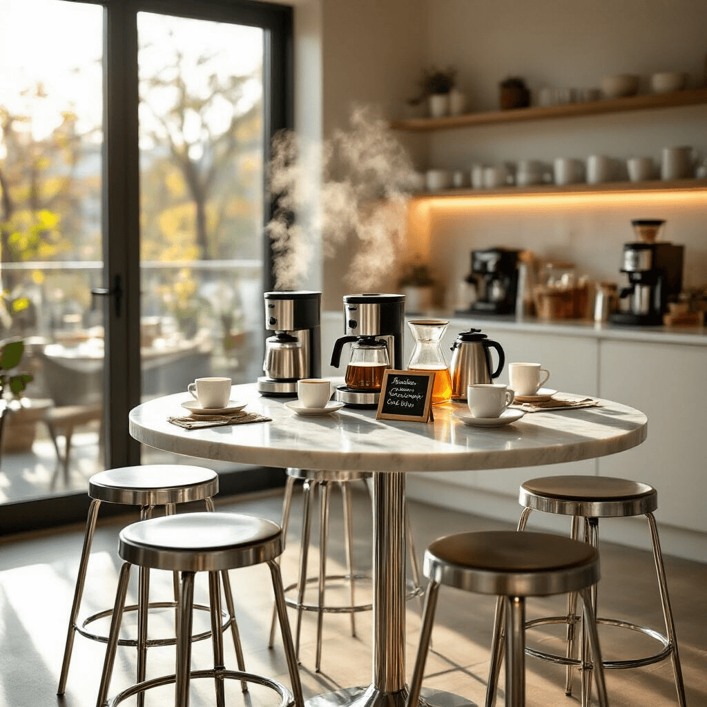 OXO Coffee Makers: The Ultimate Guide to Brewing Perfection Elegant morning coffee tasting event in a modern sunlit kitchen, featuring a round marble table with stainless steel coffee makers, porcelain cups, and artisanal coffee stations, all illuminated by warm light.