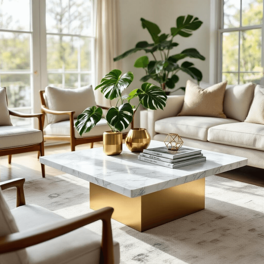 Marble Coffee Tables: The Ultimate Guide to Elegance and Durability Chic modern living space featuring a rectangular white marble coffee table with gray veining, surrounded by mid-century furniture, brightened by midday sun through large windows, adorned with geometric brass objects, a monstera plant, and design magazines, all in a gold, ivory, and natural wood color scheme.