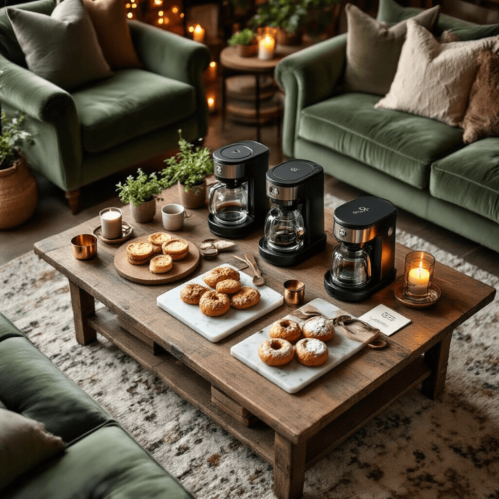 OXO Coffee Makers: The Ultimate Guide to Brewing Perfection Overhead flat lay of a cozy coffee appreciation gathering featuring a reclaimed wood table with OXO coffee makers, artisanal pastries on marble boards, plush velvet cushions, warm candlelight, string lights, and styling elements like copper measuring spoons and personalized tasting cards, embodying slow living and coffee craftsmanship.