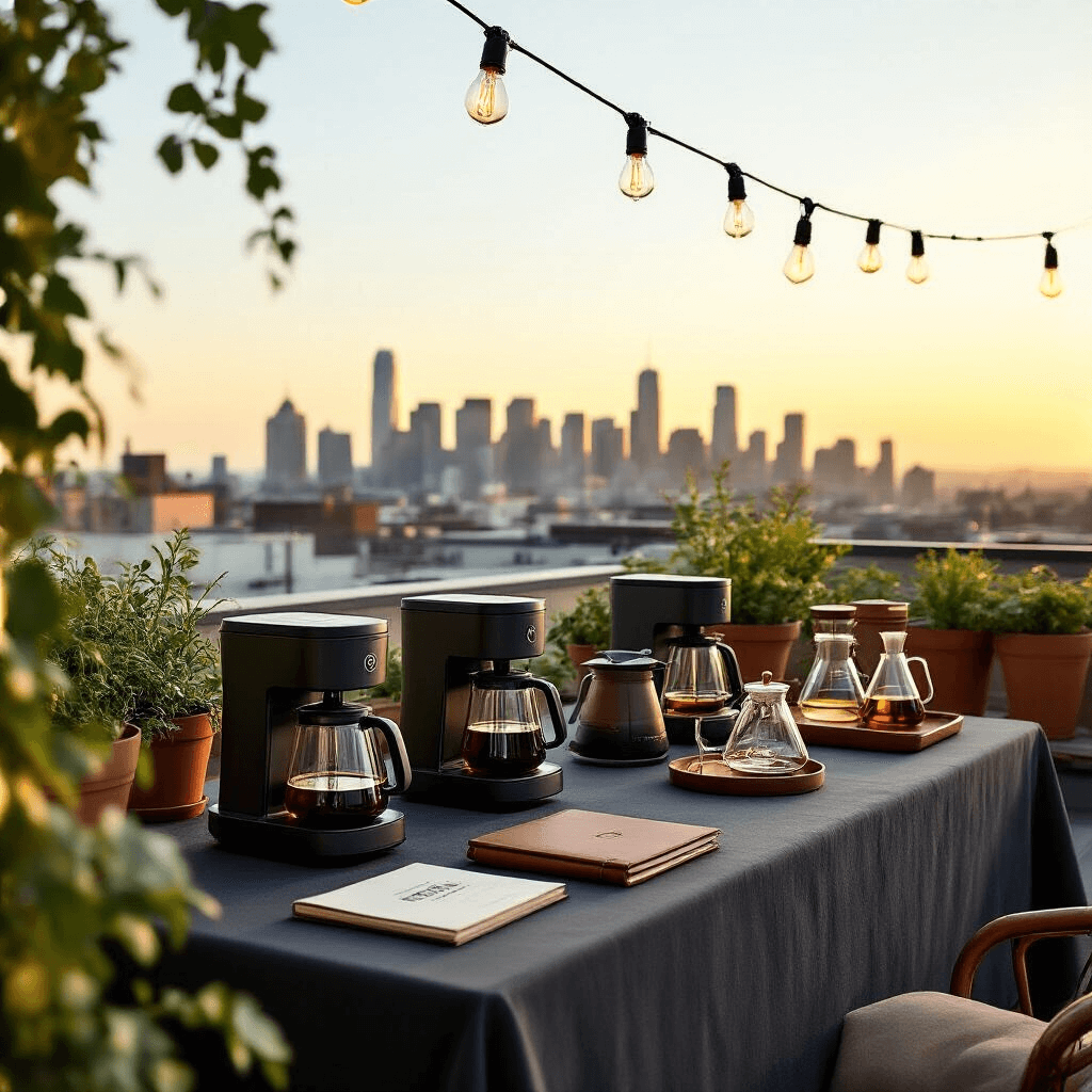 OXO Coffee Makers: The Ultimate Guide to Brewing Perfection A sophisticated coffee brewing demonstration on a stylish rooftop terrace during golden hour, featuring OXO coffee makers on a charcoal linen table, surrounded by greenery and Edison bulb lights, with a city skyline backdrop.