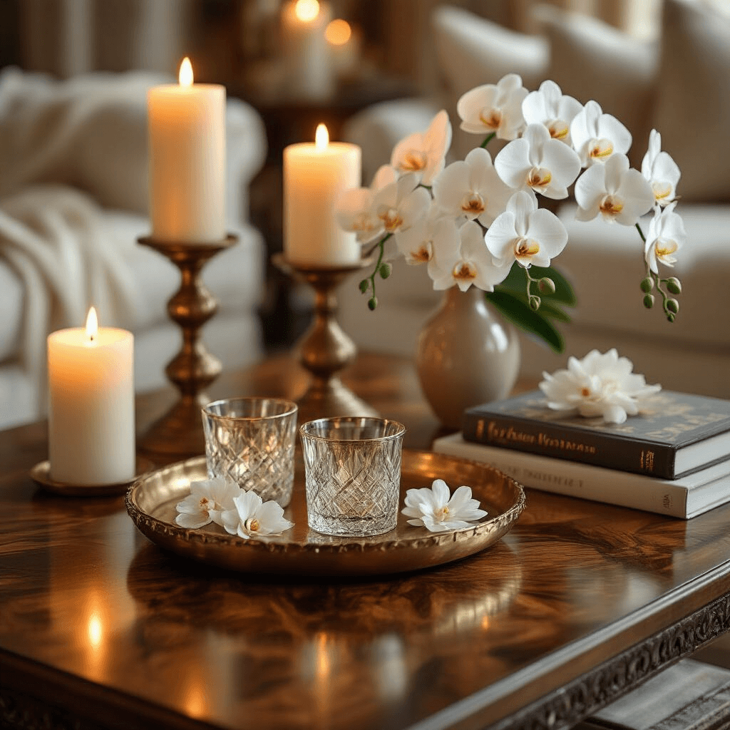 Luxury Coffee Tables: Transforming Your Living Space with Elegance and Style Close-up detail of a luxury coffee table featuring exotic hardwood, warm candlelit ambiance, a brass tray with crystal glassware, fresh white orchids, and gilded art books, set against cream silk drapery and plush ivory textiles.