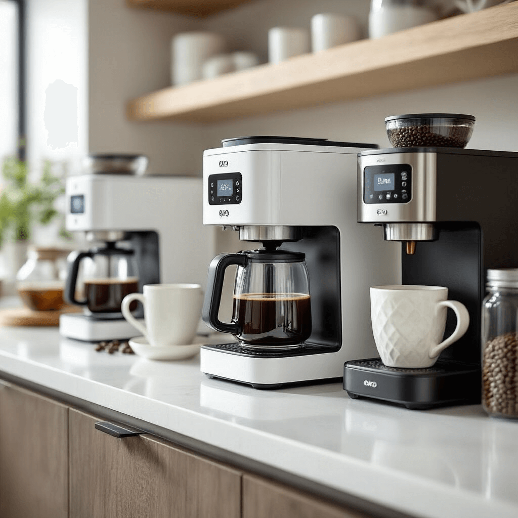 OXO Coffee Makers: The Ultimate Guide to Brewing Perfection Close-up detail shot of an upscale OXO coffee maker on sleek white quartz countertops, featuring geometric ceramic cups and brewing accessories, with soft studio lighting highlighting brushed stainless steel surfaces in a modern kitchen showroom.