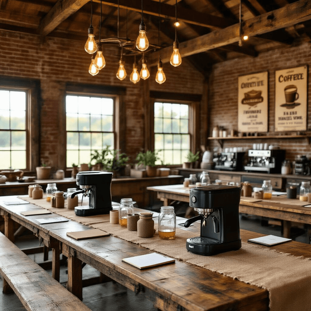 OXO Coffee Makers: The Ultimate Guide to Brewing Perfection Cozy coffee appreciation workshop in a rustic barn, featuring farmhouse tables with OXO coffee makers, tasting supplies, warm lighting, and vintage decor.
