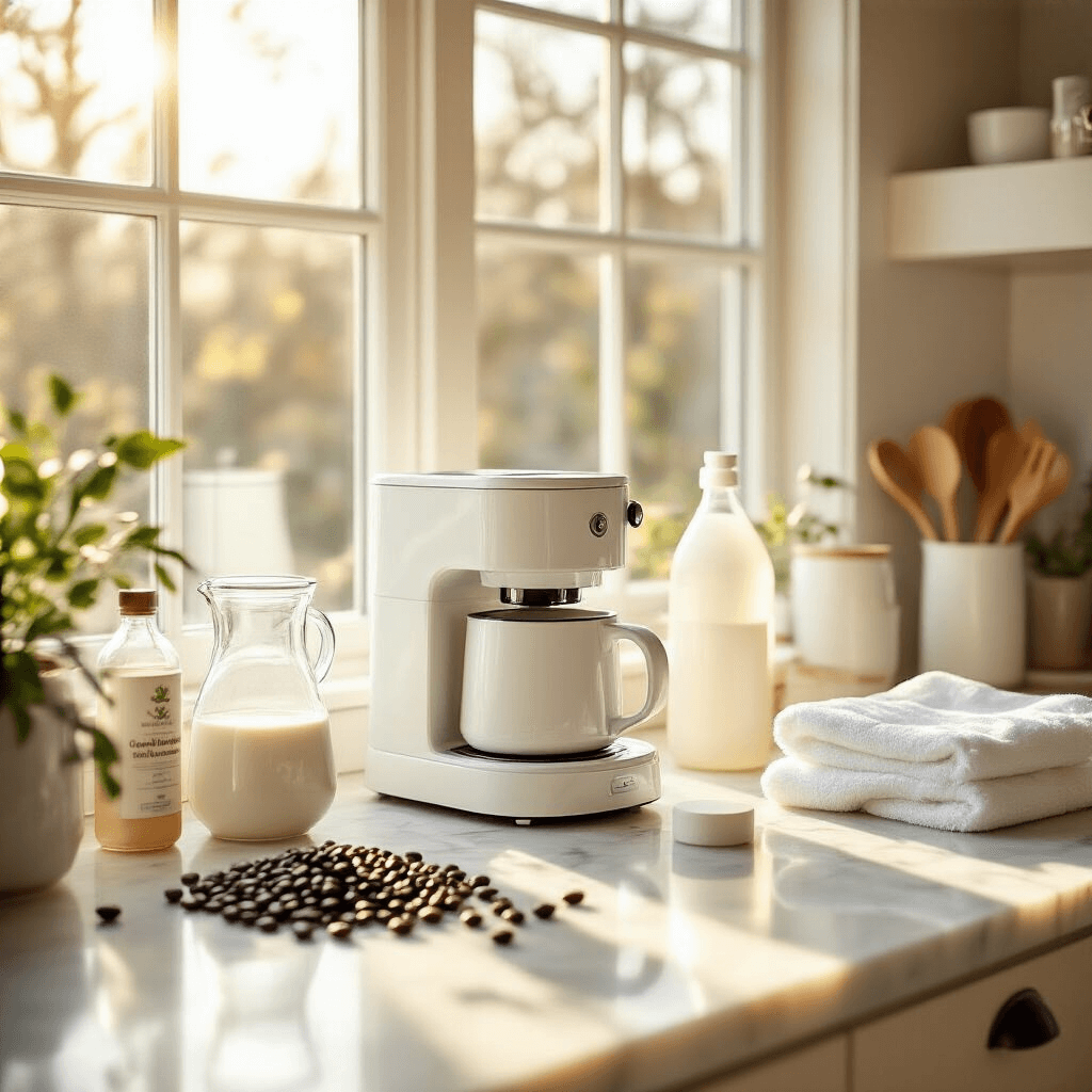 How to Clean and Descale Your Coffee Maker: The Ultimate Guide to Fresh-Tasting Coffee A serene, organized coffee station on a modern kitchen countertop featuring a clean white coffee maker, glass carafe, and cleaning supplies, all illuminated by soft morning sunlight with scattered coffee beans nearby.