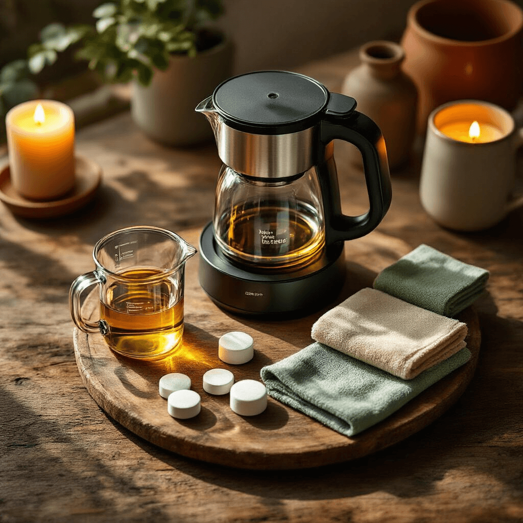 How to Clean and Descale Your Coffee Maker: The Ultimate Guide to Fresh-Tasting Coffee Intimate overhead flat lay of coffee maker maintenance essentials on rustic wood, featuring a spotless glass carafe, measuring cup with vinegar, cleaning tablets, soft cloths, and a water reservoir, all set in warm candlelit ambiance with golden hour lighting and earthy accents.