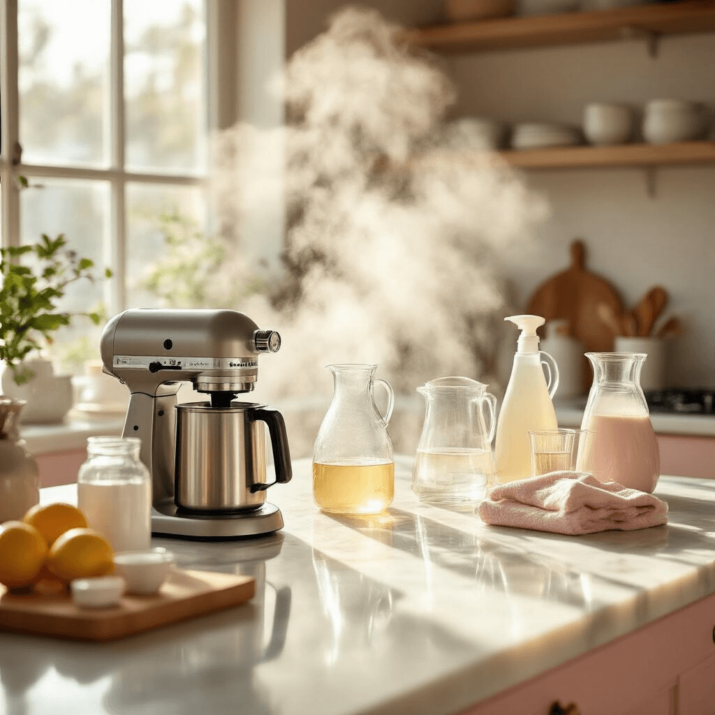 How to Clean and Descale Your Coffee Maker: The Ultimate Guide to Fresh-Tasting Coffee Wide-angle shot of an elegant kitchen island during a deep cleaning, featuring steam rising from a coffee maker. Marble countertops display cleaning supplies and tools in a blush pink and cream color scheme, illuminated by soft morning light, showcasing a professional culinary maintenance aesthetic.