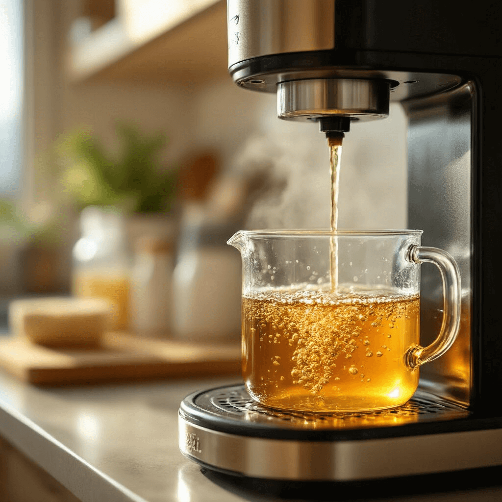 How to Clean and Descale Your Coffee Maker: The Ultimate Guide to Fresh-Tasting Coffee Close-up of a coffee maker descaling process with bubbling vinegar in a transparent water reservoir, illuminated by golden hour light. The scene features a softly blurred organized cleaning station in the background, highlighting a serene cleaning ritual with an ivory and gold color palette.